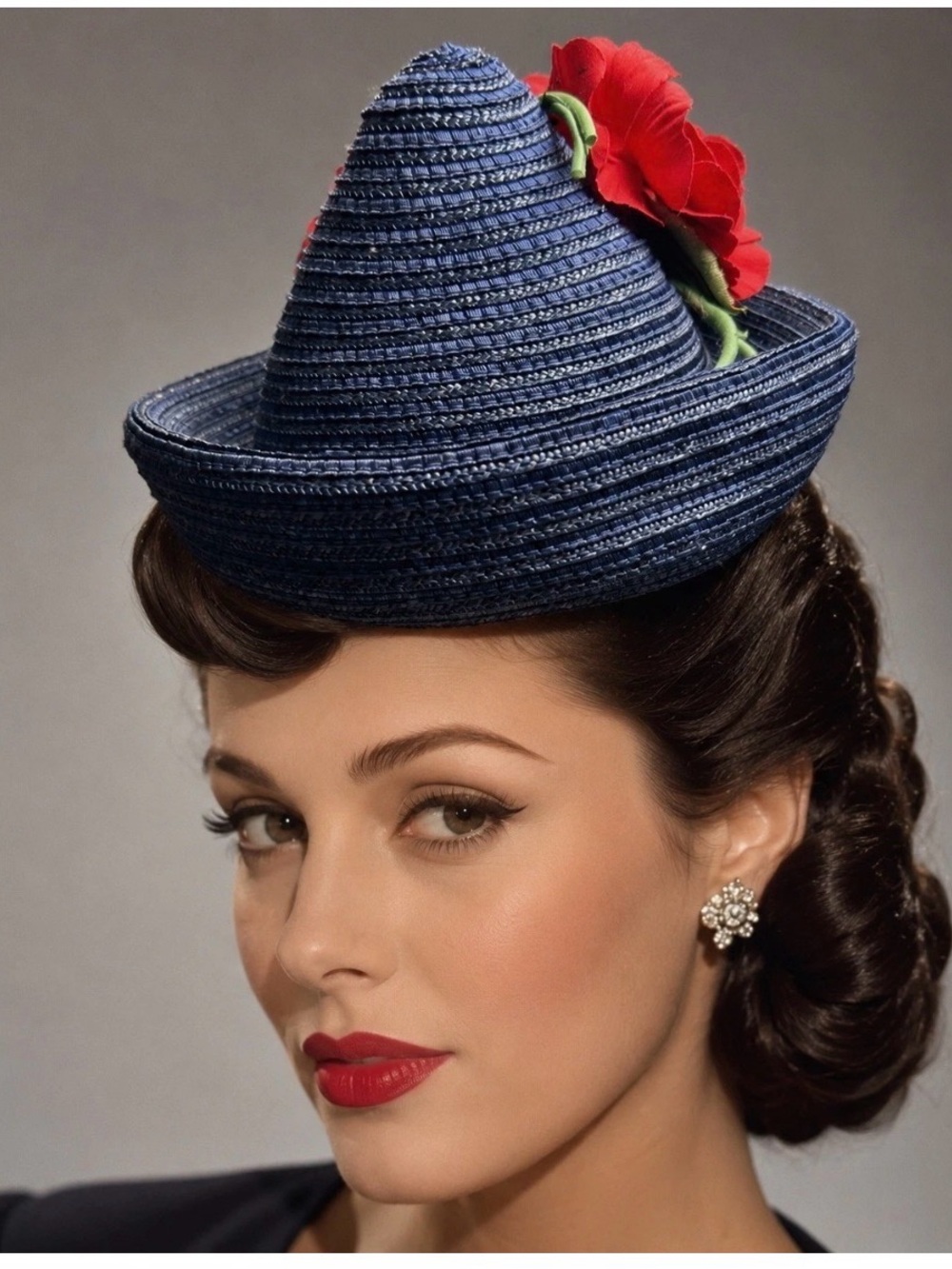 Vintage 30s 40s Navy Straw Doll Topper Tilt Hat w/Red Flower Swing Rockabilly
